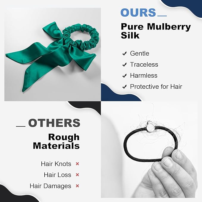 1 Piece Silk Bow Scrunchies for Hair-100% Pure Mulberry 22 Momme Silk Hair Tie, Elastic Ponytail Holder, Elegant Soft Bow Hair Ties Band for Women Hair Care, Multiple Colours (Blackish Green)