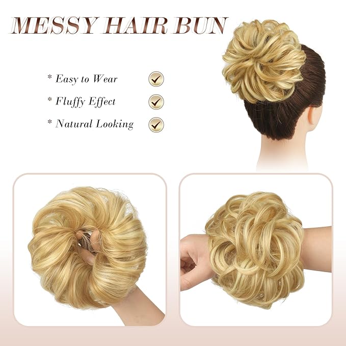 FESHFEN Messy Bun Hair Piece - Elastic Wavy Curly Hair Bun Scrunchies Extensions Synthetic Chignon Hairpieces for Women Girls, Strawberry Blonde & Bleach Blonde 1.5 oz