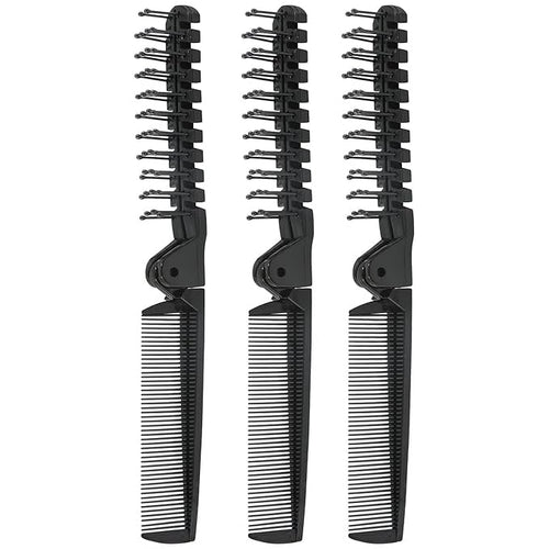 3PCS Travel Foldable Brush, Anti-Static Hair Comb and Double Headed Hairdressing Tool for Men & Women (Black)