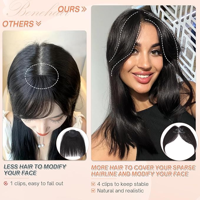 Benehair Clip on Bangs for Women Human Hair, Fake Bangs Clip Human hair, Middle Part Bangs Clip in Hair Extensions Hair Pieces with Temples for Daily Wear (Black)