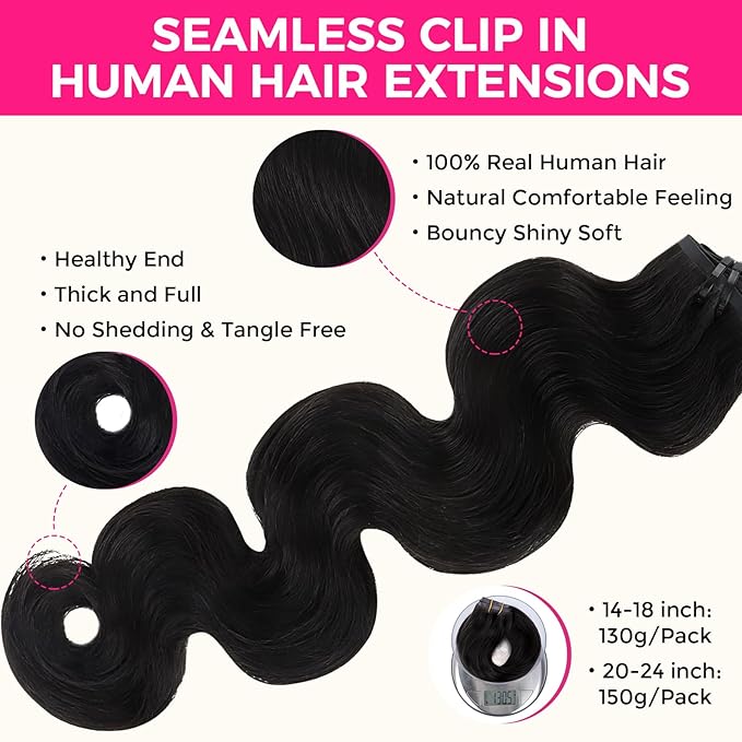 Lashey Seamless Clip in Hair Extensions Human Hair 130g 9pcs 14 Inch Body Wave #1 Jet Black Clip in Hair Extension for Women Natural Hair Extensions