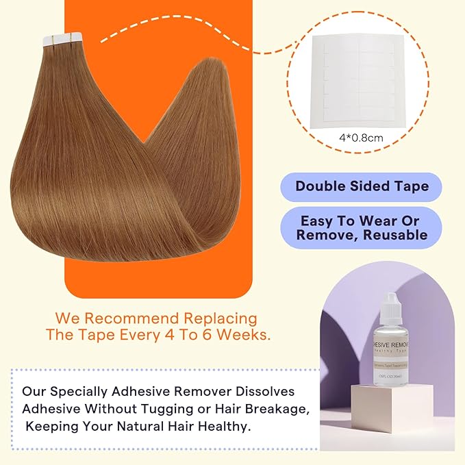 Full Shine Tape in Hair Extensions Human Hair Color 330 Orange Seamless Skin Weft Human Hair Double Sided Tape in Extensions 24 Inch Hair Extensions Real Human Hair 50g 20PCS Straight Hair