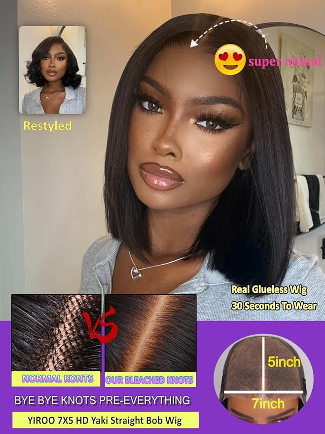 YIROO Yaki Straight Bob Human Hair Drawstring Wigs Pre Cut 7x5 HD Lace Front Wig Bye Bye Knots Glueless Yaki Short Bob Human Hair Wigs Pre Plucked Invisible Knots 150% Density Ready to Go 10Inch