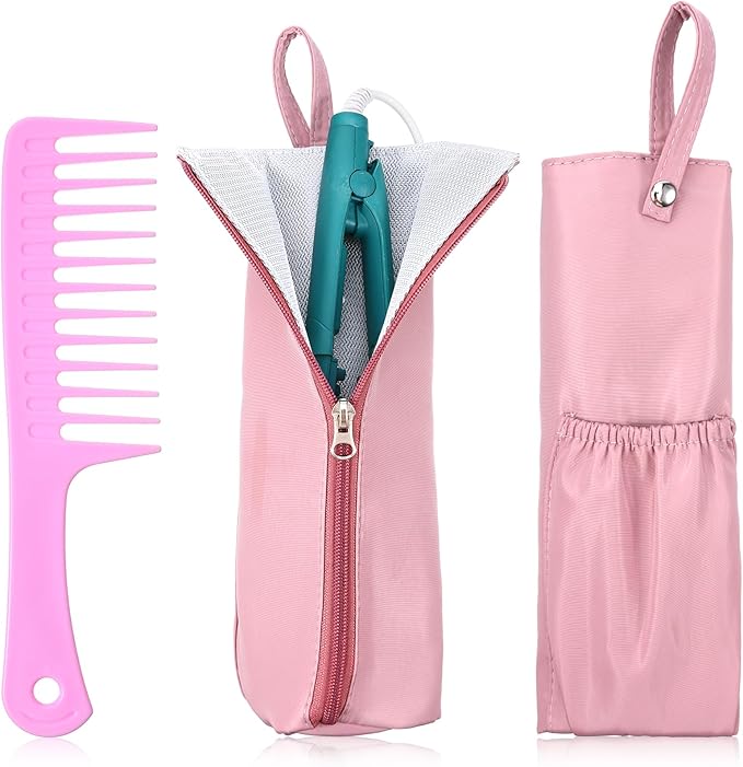 Hot Iron Holder Mat with Comb Hair Tool Organizer Heat Resistant Bag Hanging Curling Iron Flat Holder with Zip Hair Straightener Mat Pouch Portable Hot Hairs Tool Travel Bag for Curling Flat Irons