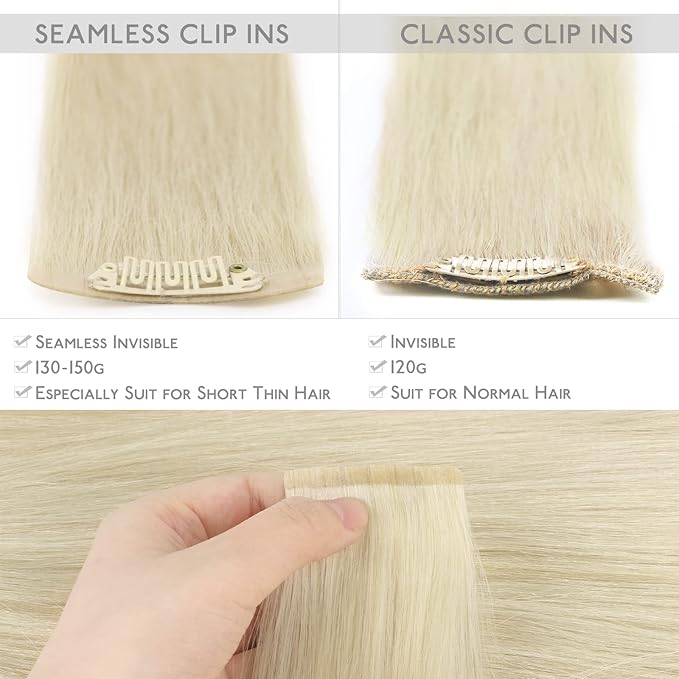 WENNALIFE Seamless Clip In Hair Extensions Human Hair, 14 Inch 130g 7pcs Bleach Blonde Real Hair Extensions Clip in Human Hair Invisible PU Skin Weft Natural Remy Human Hair Extensions