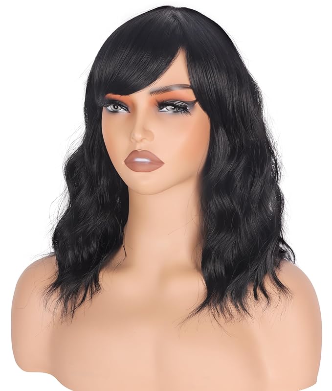 Shoulder Length Natural Black Wavy Bob Wigs For Women Short Wavy Wigs With Bangs Synthetic Wavy Wigs Heat Resistant Daily Use Wigs(Natural Black)