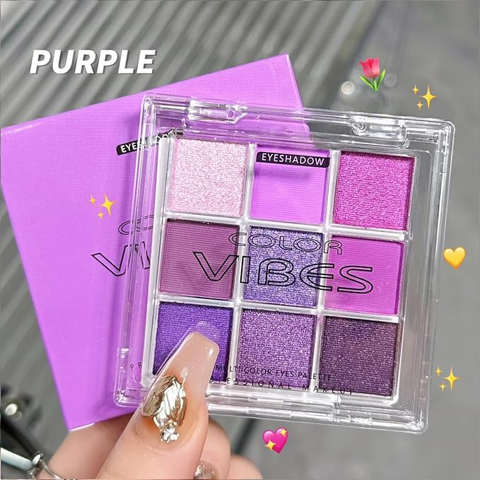 Erinde 9 Colors Purple Pink Lavender Glitter Shimmer Matte Eye Shadow Palette Makeup, Highly Pigmented Waterproof Violet Mauve Dark Purple Silver Pearl White Shimmer Sparkling Party Eyeshadow Palette