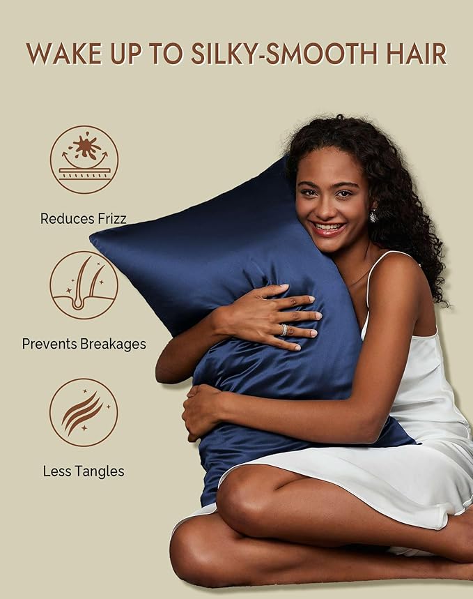SilkSilky 100% Mulberry Silk Pillowcase - Pure 22 Momme High-Grade 6A Fibers for Hair & Skin, Envelope Closure, Natural, Organic, Breathable & Cooling Pillow Case (Standard, Dark Blue)