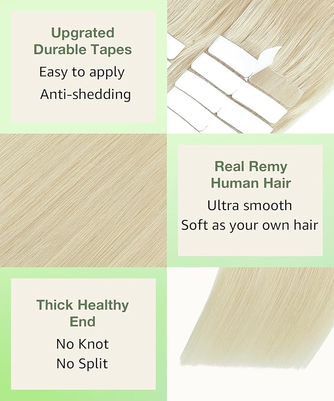 SURNEL Tape in Extensions Real Human Hair Soft #60 Platinum Blonde Tape in Hair Extensions 18 inch 20pcs 50g(#60-18)
