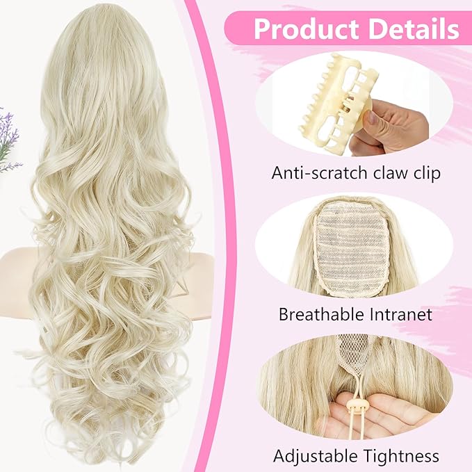 ALXNAN Ponytail Extension,24 Inch Claw Clip in Long Curly Wavy Platinum Blonde Ponytail Hair Extension Jaw Clip on Pony Tails Hairpiece for Women
