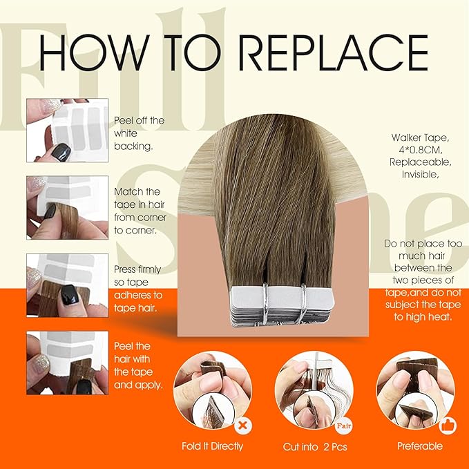 Full Shine Blonde Human Hair Extensions Tape in Color 3 Brown Ombre 8 Ash Brown Highlighted 613 Blonde 16Inch Double Sided Tape in Hair Extensions Human Hair 50G Seamless Remy Hair 20Pcs