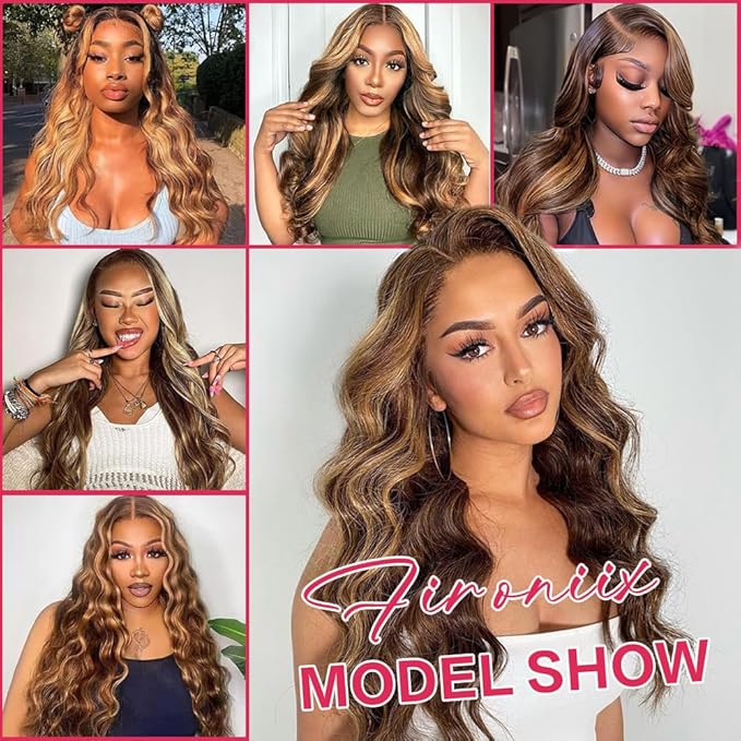 4/27 Honey Blonde Ombre Lace Front Wig Human Hair 13x6 HD Highlight Body Wave Lace Frontal Wigs Glueless Wigs Pre Plucked with Baby Hair 180 Density 24Inch