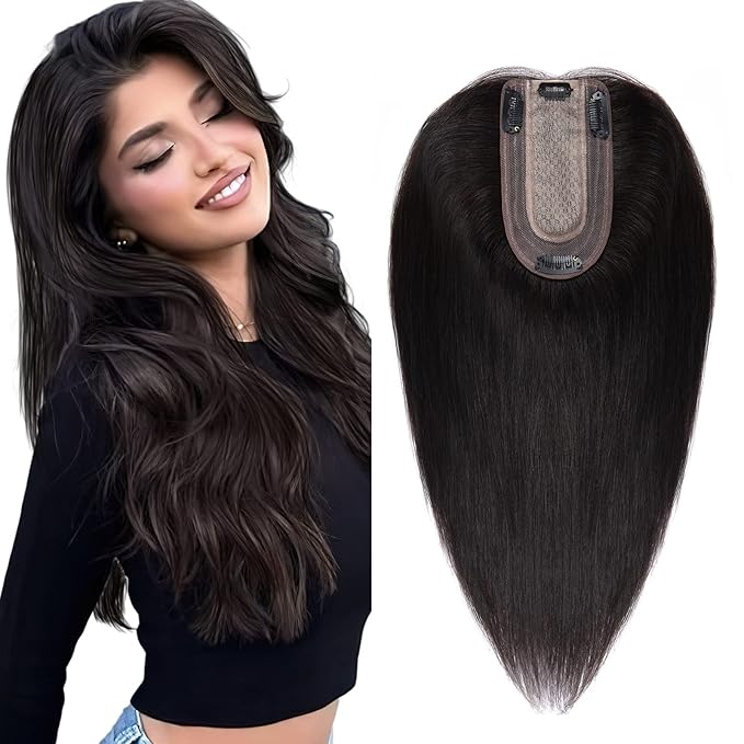 SEGO Real Human Hair Topper for Women, No Bangs Hair Topper with Anti-Slip Clips (6 Inch #1B Natural black)