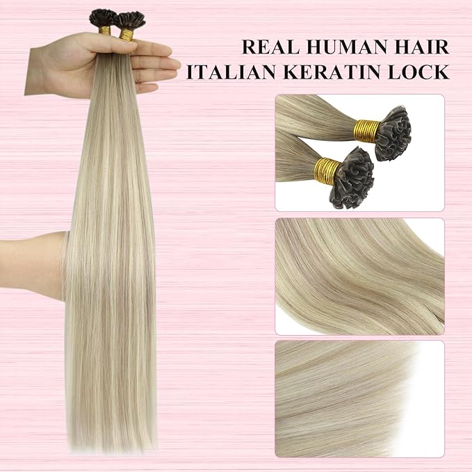 YoungSee Utip Balayage Hair Extensions Real Human Hair Balayage Ash Blonde Ombre Platinum Ombre U Tip Hair Extensions Hot Fusion 18In 1G/S 50G