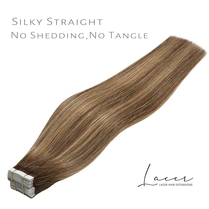 Lacer Tape in Hair Extensions Chocolate Brown to Dark Caramel Blonde Adhesive Tape in Hair Extensions Remy Human Hair 20 Pcs 50 Grams 22 Inch