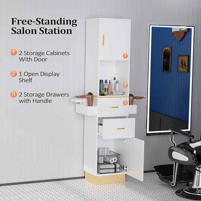 Salon Station for Hair Stylist - Barber Beauty Spa Equipment With 2 Drawers, 2 Storage Cabinets, 6 Hair Dryer Holders for Styling - White Gold