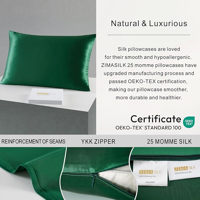 ZIMASILK 25 Momme 100% Pure Mulberry Silk Pillowcase for Hair and Skin Care, Highest Grade 6A Pillow Cases for Women, Long-Lasting Durablity, Gift for Women Men, 1Pc (King 20"x36", Blackish Green)