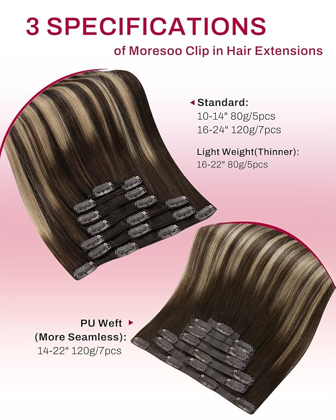 Moresoo Seamless Clip in Human Hair Extensions Ombre Dark Brown with Caramel Blonde Balayage Remy Seamless Clip on Hair Extensions 7pcs/120g 20inch