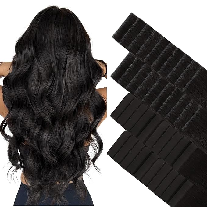 GOO GOO Invisi Edge Tape in Hair Extensions Human Hair, 1B Natural black 20pcs injected with 20pcs classical tape ins, 10inch 60g, Virgin Remy Hair, Natural Look