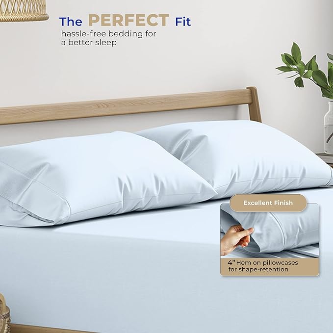 THREAD SPREAD 100% Cotton Pillowcases Standard/Queen Size Set of 4-400 Thread Count Cotton Pillowcases, Ultra Soft Cool Sateen Weave Pillow Cases for Sleeping, Set of 4 Pillow Covers (Light Blue)