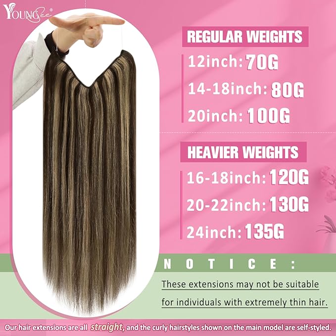 YoungSee Highlight Wire Hair Extensions Real Human Hair Invisible Wire Hair Extensions Dark Brown Highlights Caramel Blonde Fish Line Hair Extension Human Can Be Dyable 14inch 80g