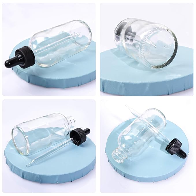 12 Pack 4oz Clear Glass Bottles with Glass Eye Droppers for Essential Oils, Perfumes & Lab Chemicals (1 Brush, 2 Funnels, 2 Extra Droppers, 24 Pieces Labels & 30ml Measuring Cup Included)
