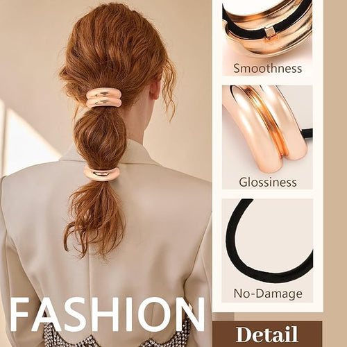 3PCS Rose Gold Hair Ties, Metal Hair Ties for Thick Hair, Elegant Durable Geometric Design, Rose Gold Hair Accessories Stretchy Non-Damage Ponytail Holders, 3 Styles in Box Holiday Gifts