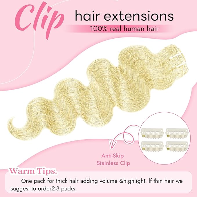 Clip in Hair Extensions Real Human Hair Body Wave 613 Bleach Blonde Clip in 100% Brazilian Remy Human Hair Extensions 8pcs Per Set with 18 Clips Double Weft 16 Inch 90g/3.6oz