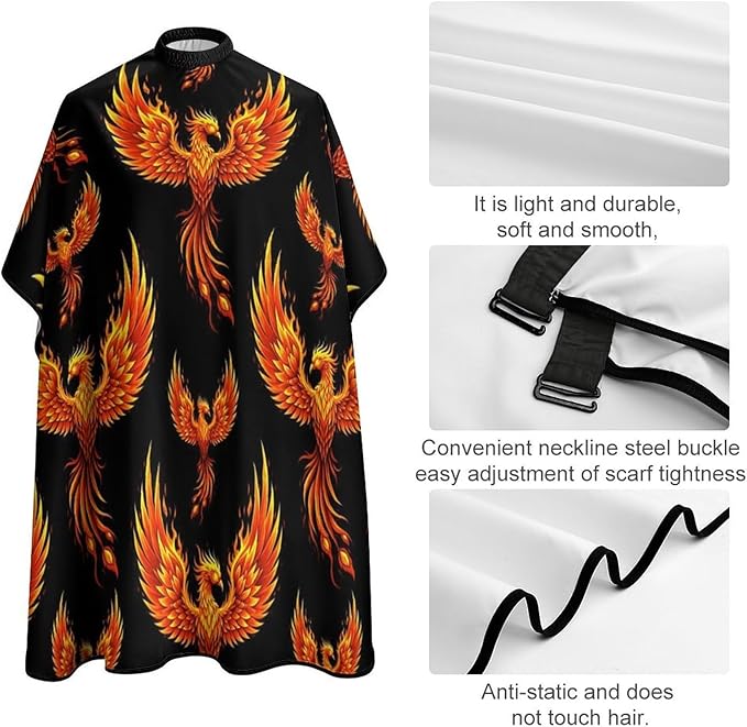 Women Fire Flame Bird Black Art Hair Salon Cutting Cape, Large Long Hairdressing Apron for Home Stylists, Haircut Tools