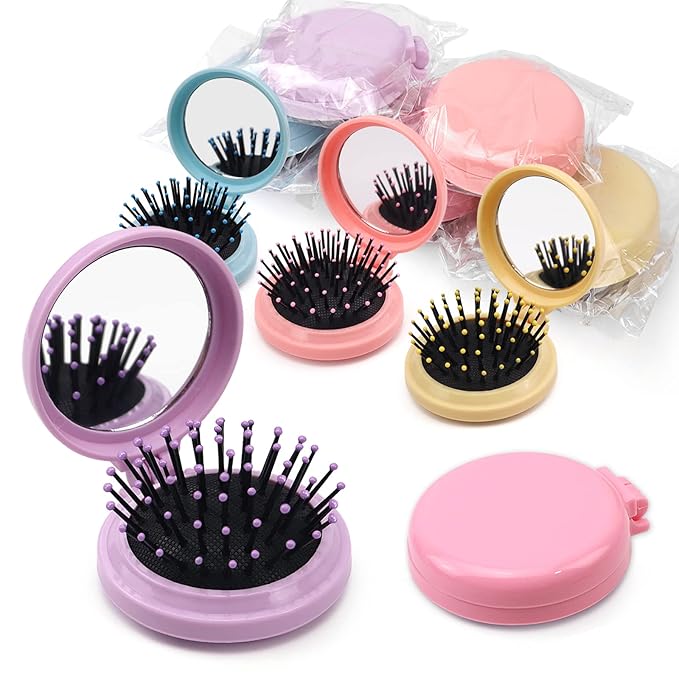 20 Pack Folding Travel Mirror Hair Brushes Round Folding Pocket Hair Brush Mini Hair Comb Compact Travel Size Hair Massage Combor Women and Girls (5Colors)