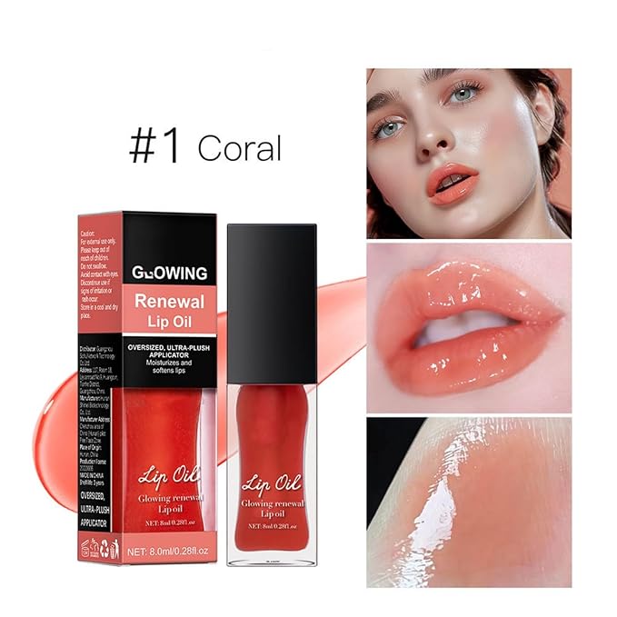 MAEPEOR Glowing Lip Oil 7 Colors Hydrating Lip Balm Nourishing Lip Care Lip Treatment Glossy Finish Non-sticky Moisturizing Lip Balm (01 Coral)