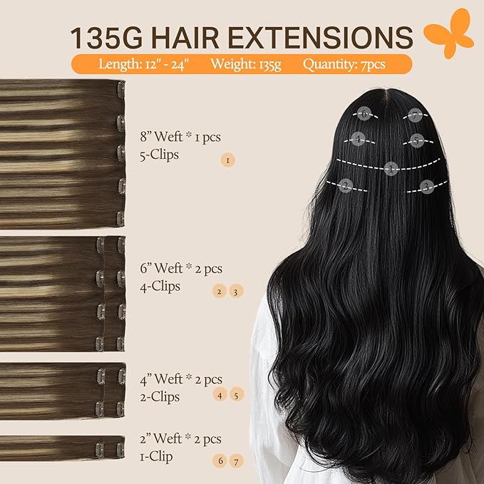 DOORES Clip in Hair Extensions Real Human Hair, Balayage Chocolate Brown to Honey Blonde 135g 18 Inch 7pcs, Natural Extensions Clip ins Thick Weft for Women