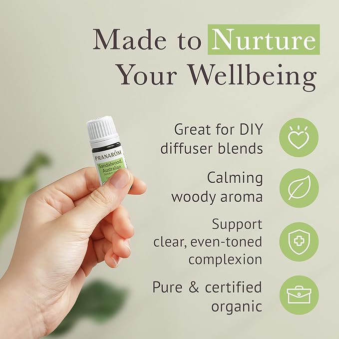 Pranarom USDA Certified Organic Australian Sandalwood Essential Oil (5ml), 100% Pure Natural Therapeutic Grade for Home Diffusing, Aromatherapy, Skincare, Candle Making, DIY Perfumes