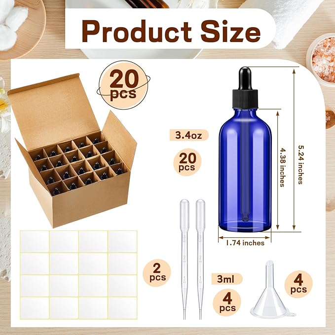 Tessco for you 20 Pack 3.4 oz Glass Dropper Bottles with Glass Eye Droppers for Essential Oils, Empty Oil Bottles with Funnel, Labels and Pipette for Hair Oils Perfume Cosmetic Travel(Blue)