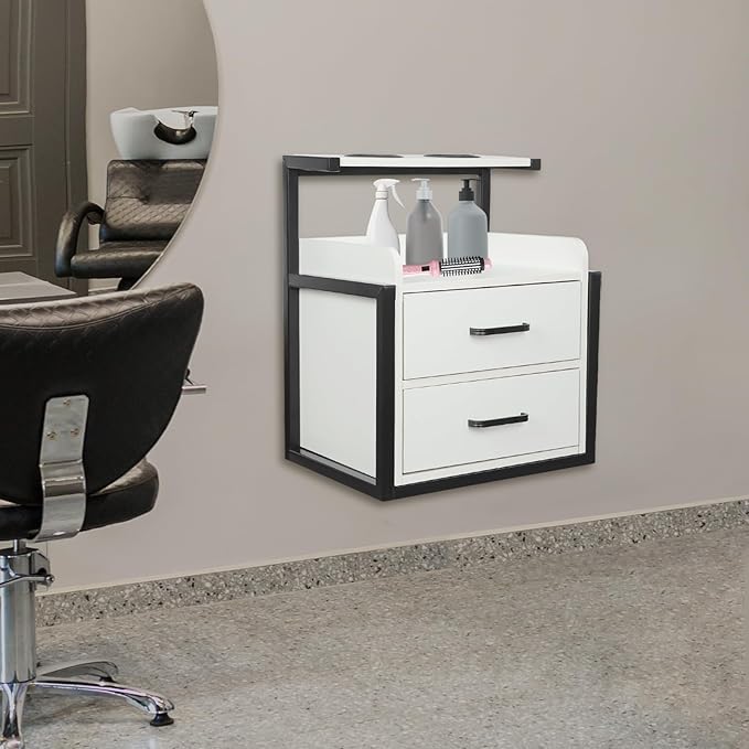 Suspended Salon Station for Hair Stylist, Wall Mounted Styling Salon Station Storage Cabinet w/2*Drawers &Hair Dryer Stand,Floating Nightstand Stylist Storage Cabinet for Home (Black+White)