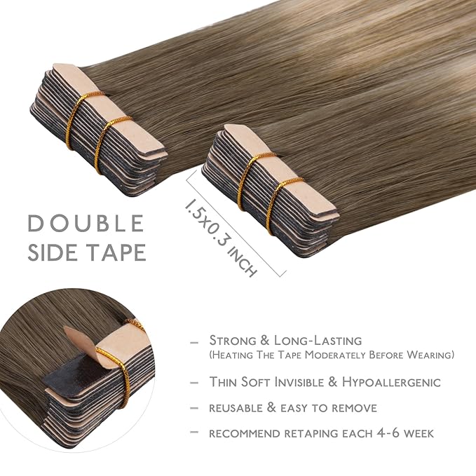 WENNALIFE Tape in Hair Extensions Human Hair, 20pcs 50g 20 inch Balayage Sandy Brown to Platinum Blonde Remy Hair Extensions for Women Tape Ins Straight Extensiones De Cabello Humano Skin Weft