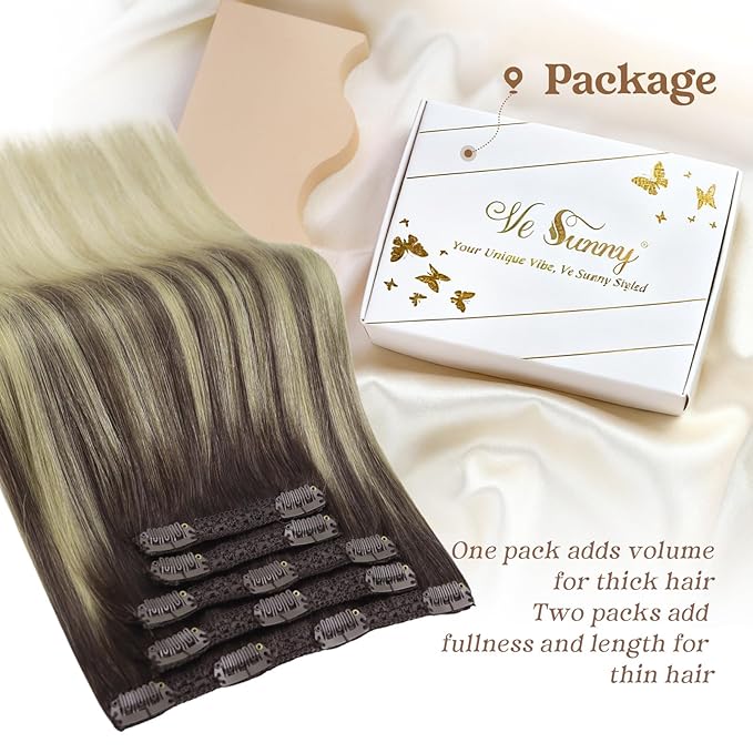 Ve Sunny Clip in Human Hair Extensions Balayage Clip in Hair Extensions Ombre Clip in Extensions Real Human Hair Dark Brown Ombre Dark Golden Blonde Balayage Light Blonde Short Hair 5pcs 80g 12inch