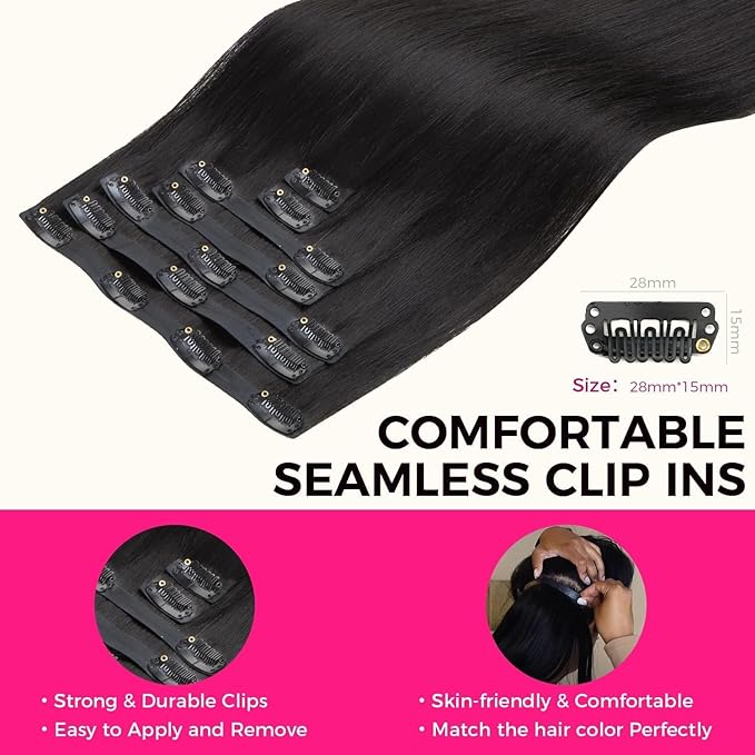 Lashey Yaki Straight Clip Ins 14 Inch 110g 7Pcs Seamless Hair Extensions Real Human hair, Natural Black Clip in Hair Extension for Women Real hair