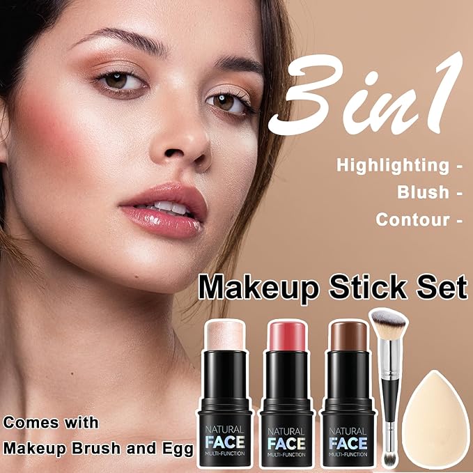 3Pcs Cream Contour Stick Makeup Kit, Shades with Highlighter Stick, Blush Stick and Bronzer Contour Stick for Sculpt the Cheeks, Long Lasting, Waterproof, Matte & Dewy Finish (LIGHT MEDIUM)