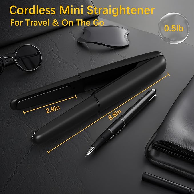 Cordless Hair Straightener Curler 2 in 1 Ceramic Flat Iron Mini Portable Fast Heating 30s 4500mAh Battery 4 Temp Adjustments LCD Display USB Rechargeable for Women Men with Pouch (Black)