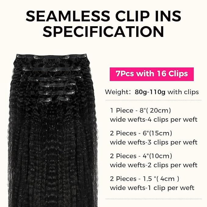 Lashey Seamless Clip in Hair Extensions Human Hair #1 Jet Black 22 Inch 110g 7pcs Kinky Straight Human Hair Clip in Hair Extensions with Soft PU Weft