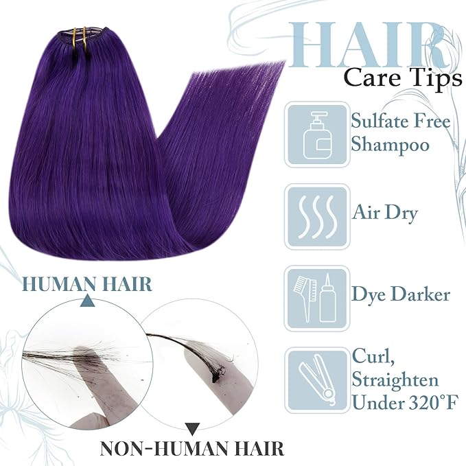 RUNATURE Clip in Hair Extensions Purple Clip in Human Hair Full Head Purple Hair Extensions Real Human Hair Clip Ins Party Highlight Colored Hair Extension 14 Inch 70g/5pcs