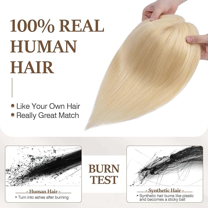 Rich Choices Hair Toppers for Women Real Human Hair 100% Human Remy Toppers NO Bangs for Women with Thinning on Top Clip in Hairpiece 4"x4.7"Lace Base 10 Inch #613 Bleach Blonde