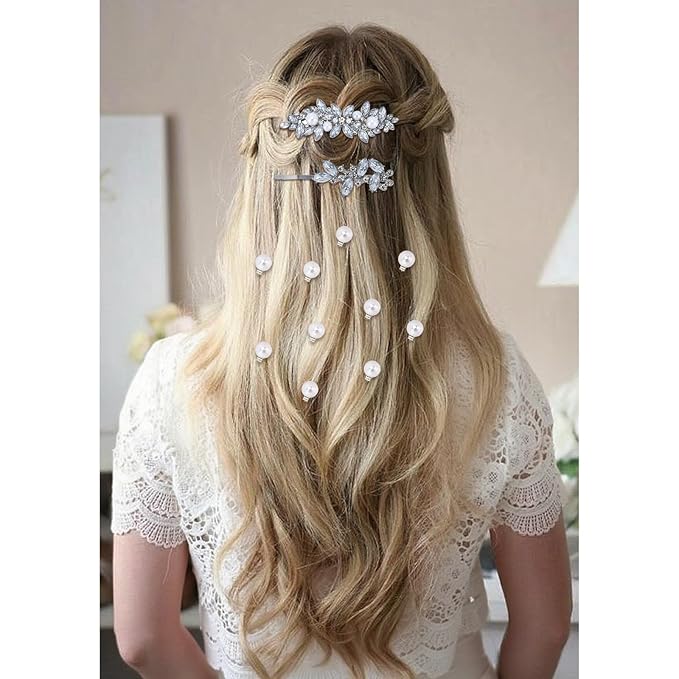 12 Pieces Rhinestone Hair Clips, Include 10 Pearl Mini Rhinestone Hair Pins, 2 Pieces Crystal Rhinestone Hair Clips Leaf Hair Pins Hair Accessories for Wedding, Party, Prom