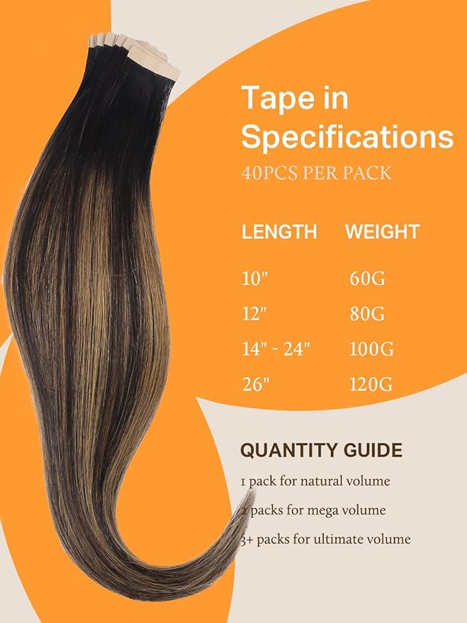 DOORES Real Human Hair Extensions, Balayage Natural Black to Chestnut Brown 120g 40pcs 26 Inch, Remy Tape in Skin Weft Natural Hair Extensions Straight