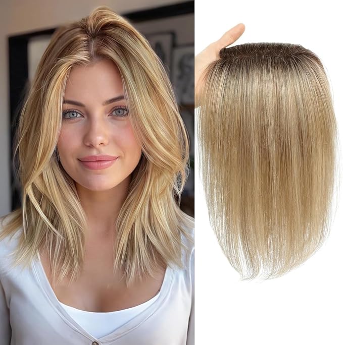 Human Hair Toppers for Women Real HairTopper with Thinning Hair 120% Density Round Shaped Swiss Base Hair Pieces 40g-Medium Brown to Creamy Iced Blone（4T1016#）