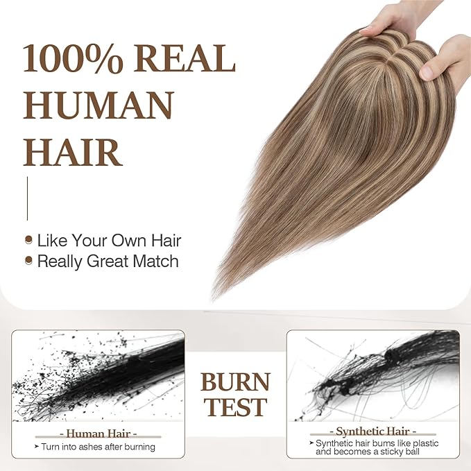 Rich Choices Hair Toppers for Women Real Human Hair 100% Human Remy Toppers NO Bangs with Thinning on Top Clip in Hairpiece 4"x4.7"Lace Base 18 Inch #4P27 Medium Brown Highlights Dark Blonde
