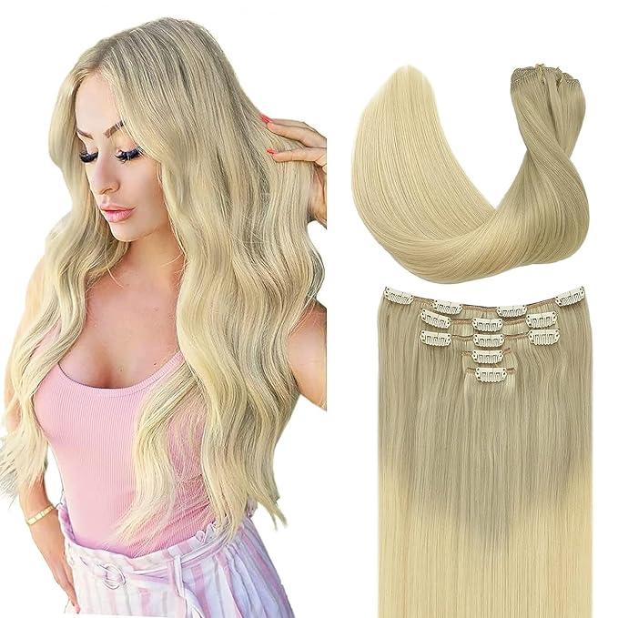 DOORES Classic Clip Seamless Clip, 5pcs 80g 20 Inch Balayage Ash Blonde to Golden Blonde and Platinum Blonde