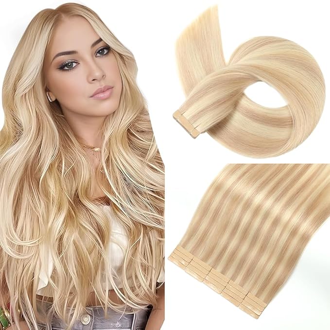Human Hair Tape in Extensions Brownish Brown to Brownish Yellow 20 Inch Invisible Tape in Hair Extensions Human Hair for Women Hair Extensions Real Human Hair Tape in