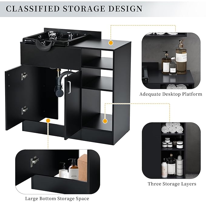 Shampoo Backwash Station for Salons,Salon Station with Shampoo Bowl & Storage Layer,Salon Equipment for Spa Beauty, Black